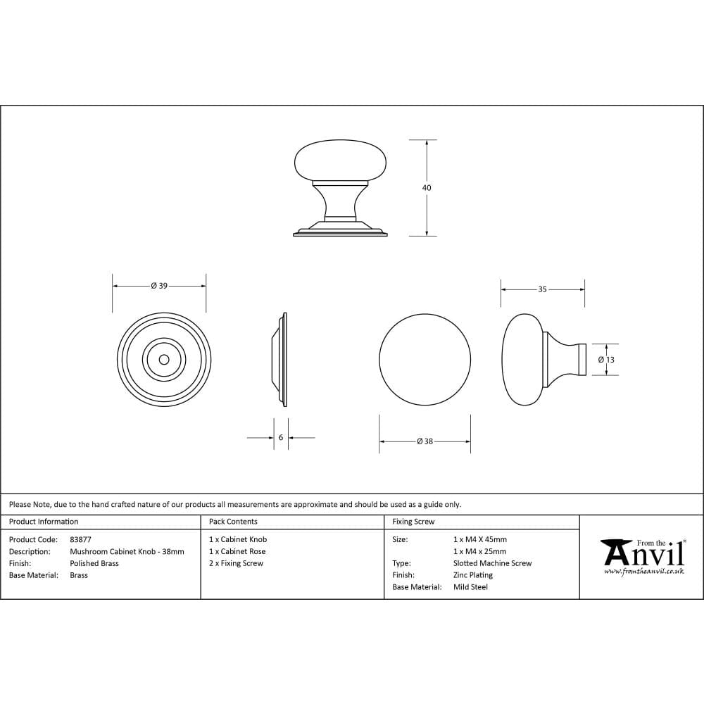 From The Anvil Cabinet Hardware Polished Brass / Cabinet Knobs / 38mm Dia. From The Anvil - Polished Brass Mushroom Cabinet Knob 38mm