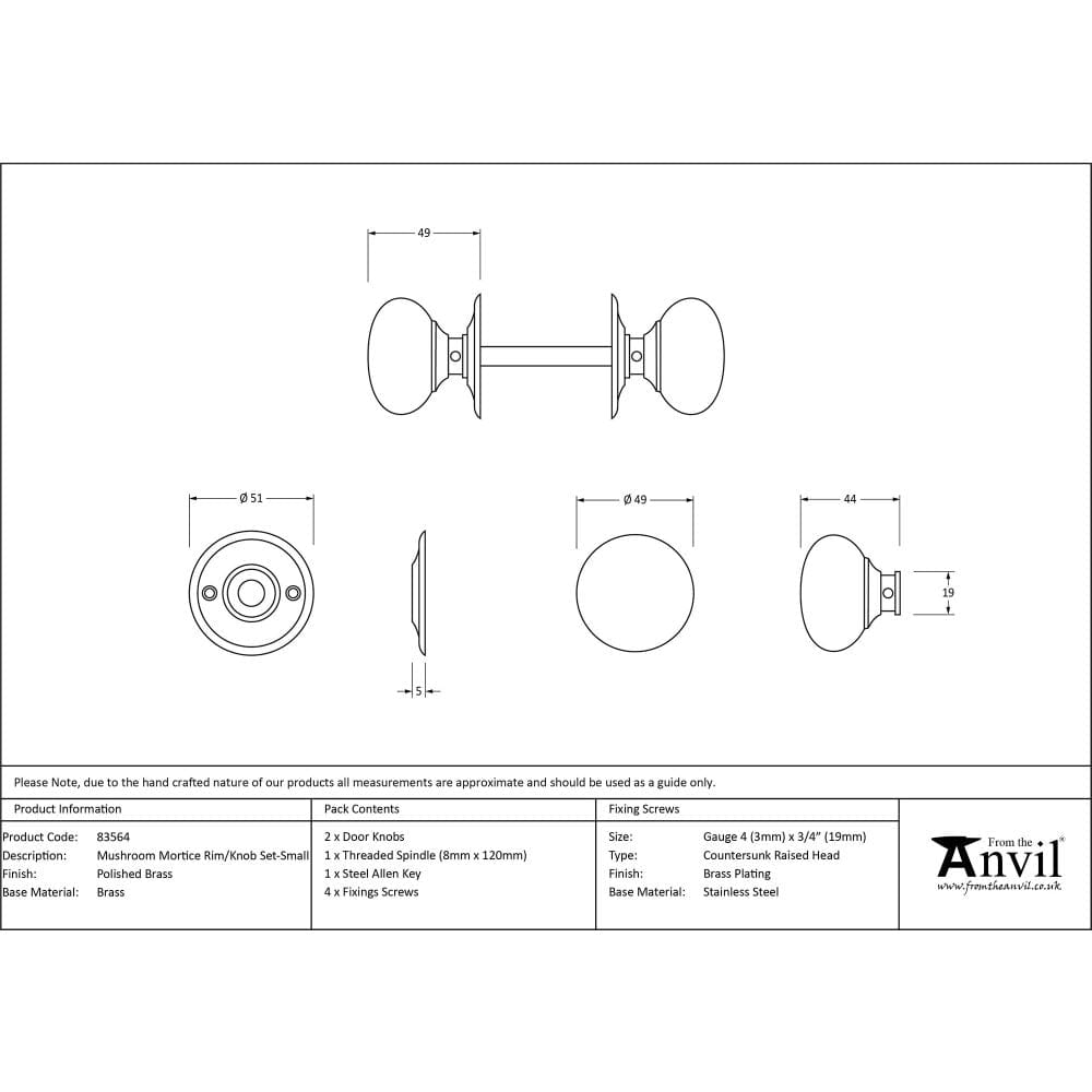 From The Anvil Door Furniture Polished Brass / Mortice/Rim Knobs From The Anvil - Polished Brass Mushroom Mortice/Rim Knob Set