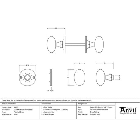 From The Anvil Door Furniture Polished Brass / Mortice/Rim Knobs From The Anvil - Polished Brass Oval Mortice/Rim Knob Set
