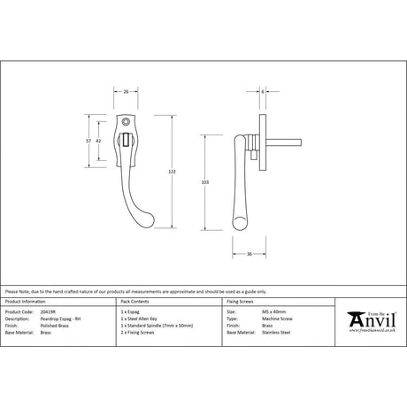 From The Anvil Window Furniture Polished Brass / Right Hand / Yes From The Anvil - Polished Brass Peardrop Espag - RH