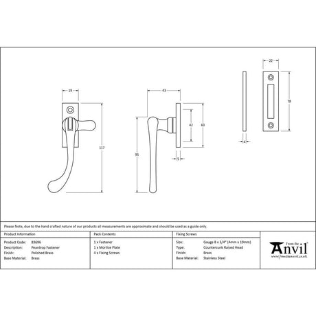 From The Anvil Window Furniture Polished Brass / No / Mortice & Hook Place From The Anvil - Polished Brass Peardrop Fastener