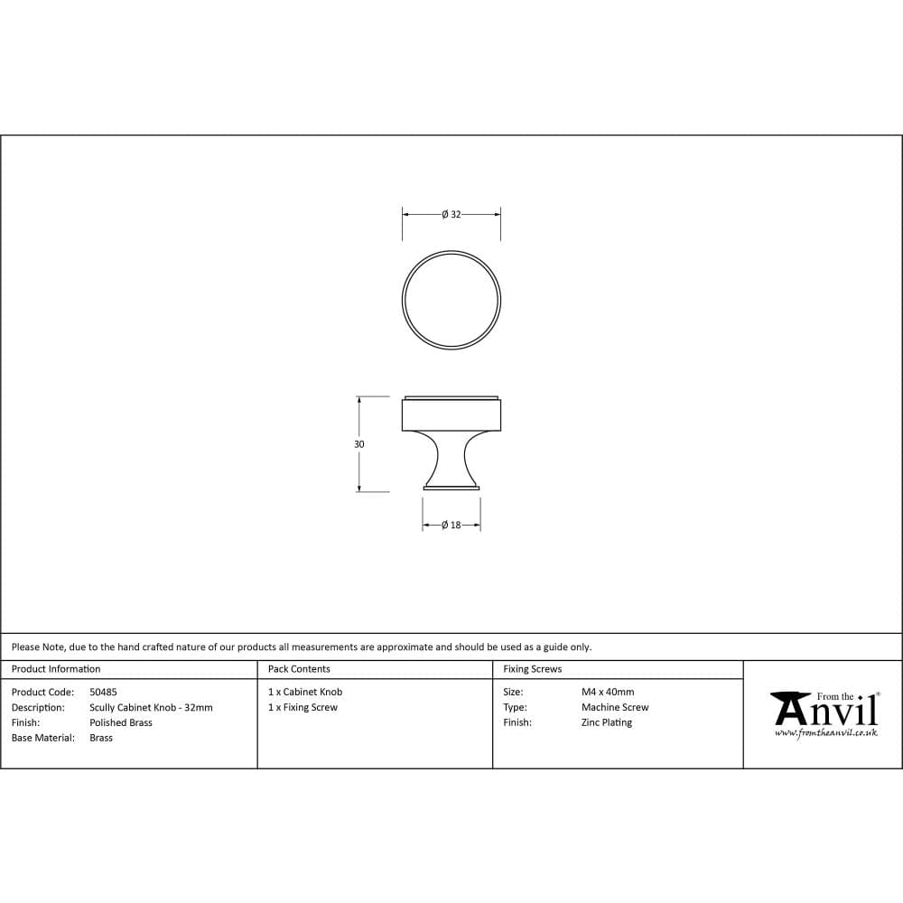 From The Anvil Cabinet Hardware Polished Brass / Cabinet Knobs / 32mm Dia. From The Anvil - Polished Brass Scully Cabinet Knob - 32mm