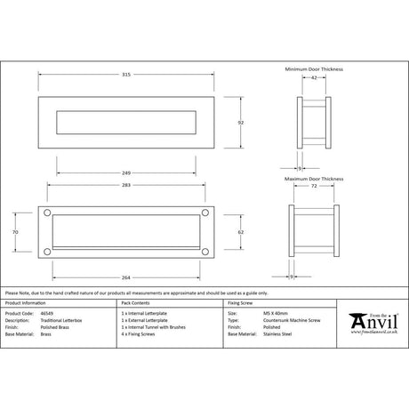 From The Anvil Door Furniture Polished Brass / Sleeved Letterbox / 315 x 92mm From The Anvil - Polished Brass Traditional Letterbox