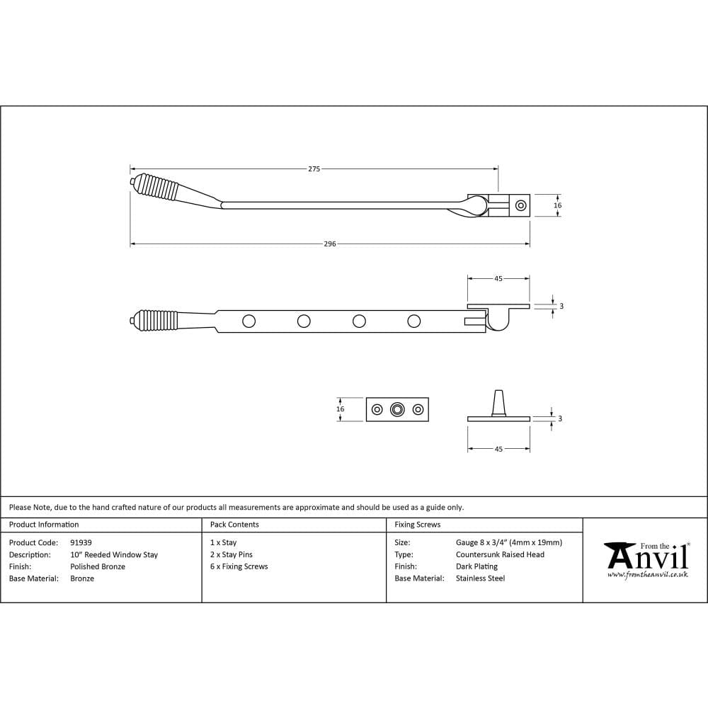 From The Anvil Window Furniture Polished Bronze / 10"/250mm From The Anvil - Polished Bronze 10" Reeded Stay