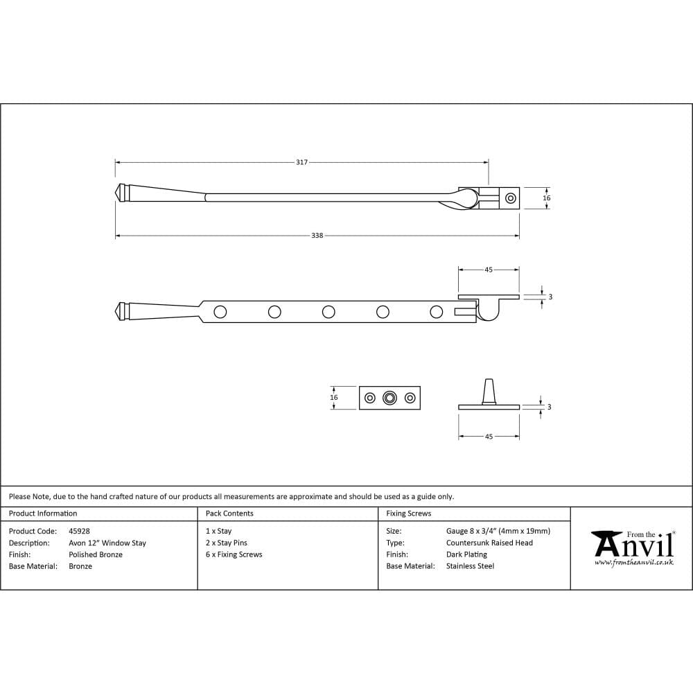 From The Anvil Window Furniture Polished Bronze / 12"/300mm From The Anvil - Polished Bronze 12" Avon Stay