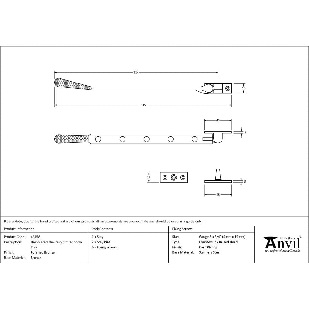 From The Anvil Window Furniture Polished Bronze / 12"/300mm From The Anvil - Polished Bronze 12" Hammered Newbury Stay