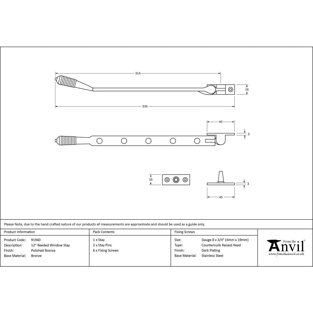 From The Anvil Window Furniture Polished Bronze / 12"/300mm From The Anvil - Polished Bronze 12" Reeded Stay