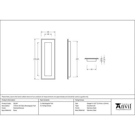 From The Anvil Door Furniture Polished Bronze / Flush Handle / Rectangular From The Anvil - Polished Bronze 175mm Art Deco Rectangular Pull