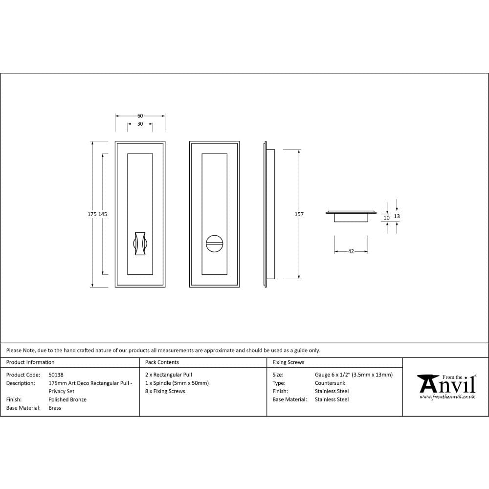 From The Anvil Door Furniture Polished Bronze / Rectangular Flush Pull (Privacy) / Rectangular From The Anvil - Polished Bronze 175mm Art Deco Rectangular Pull -Privacy Set