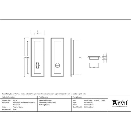 From The Anvil Door Furniture Polished Bronze / Rectangular Flush Pull (Privacy) / Rectangular From The Anvil - Polished Bronze 175mm Art Deco Rectangular Pull -Privacy Set