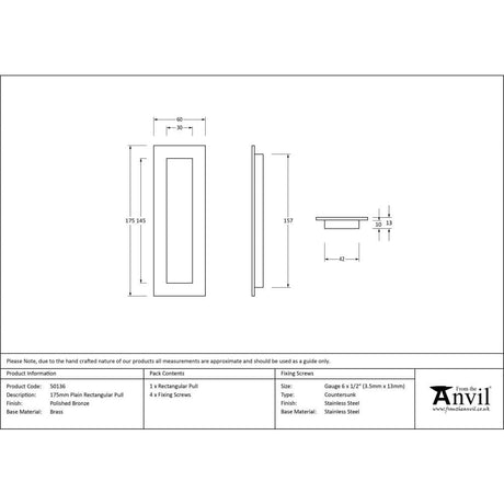 From The Anvil Door Furniture Polished Bronze / Flush Handle / Rectangular From The Anvil - Polished Bronze 175mm Plain Rectangular Pull