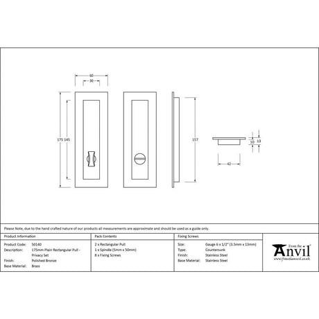 From The Anvil Door Furniture Polished Bronze / Rectangular Flush Pull (Privacy) / Rectangular From The Anvil - Polished Bronze 175mm Plain Rectangular Pull - Privacy Set