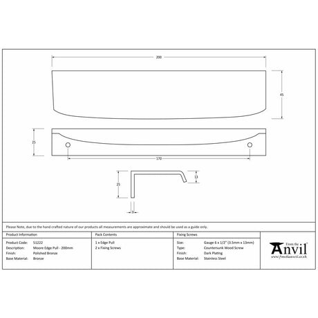 From The Anvil Cabinet Hardware Polished Bronze / Edge Pull / 200mm From The Anvil - Polished Bronze 200mm Moore Edge Pull