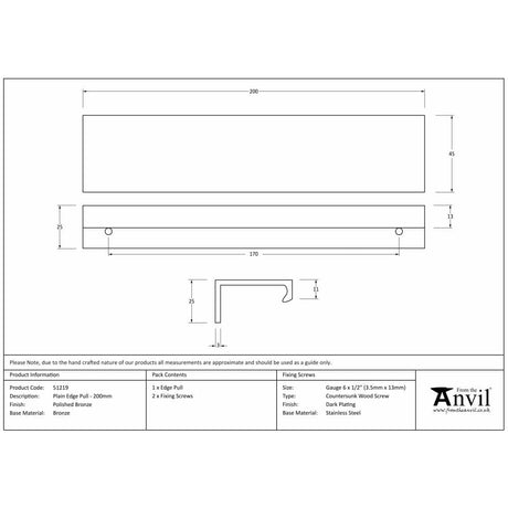 From The Anvil Cabinet Hardware Polished Bronze / Edge Pull / 200mm From The Anvil - Polished Bronze 200mm Plain Edge Pull
