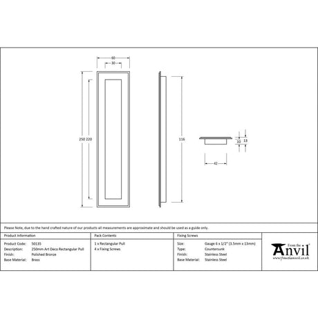 From The Anvil Door Furniture Polished Bronze / Flush Handle / Rectangular From The Anvil - Polished Bronze 250mm Art Deco Rectangular Pull