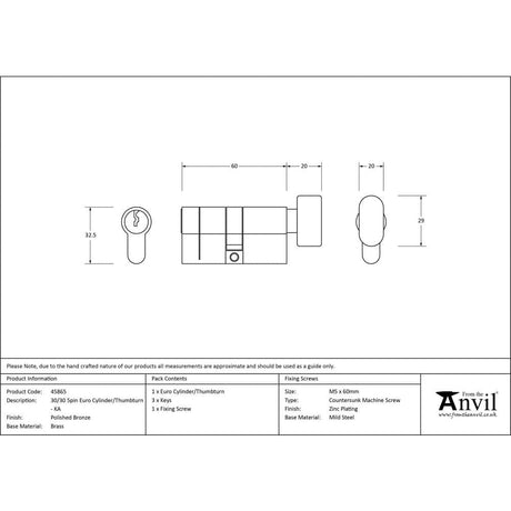 From The Anvil Locks & Latches Polished Bronze / Euro Cylinder & Turn / 30 x 30mm From The Anvil - Polished Bronze 30/30 5pin Euro Cylinder/Thumbturn KA