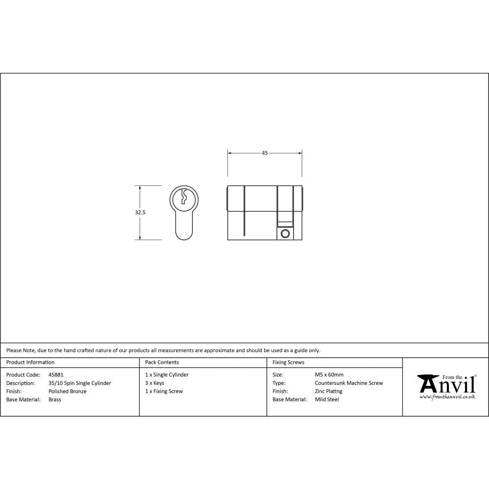 From The Anvil Locks & Latches Polished Bronze / Euro Cylinders Single / 35 x 10mm From The Anvil - Polished Bronze 35/10 5pin Single Cylinder