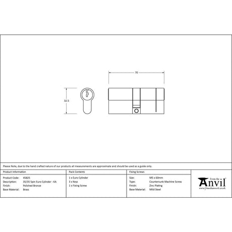 From The Anvil Locks & Latches Polished Bronze / Euro Double Cylinders / 35 x 35mm From The Anvil - Polished Bronze 35/35 5pin Euro Cylinder KA
