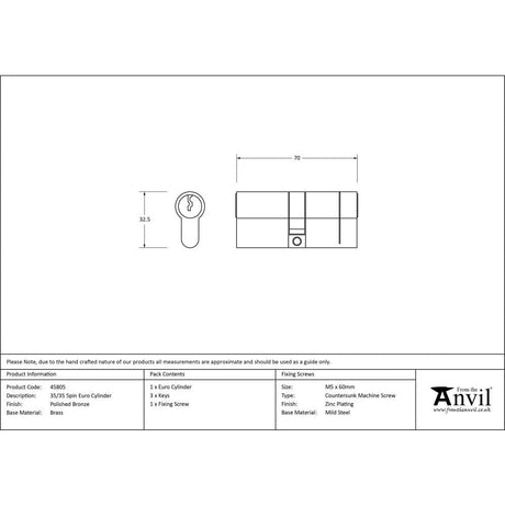 From The Anvil Locks & Latches Polished Bronze / Euro Double Cylinders / 35 x 35mm From The Anvil - Polished Bronze 35/35 5pin Euro Cylinder