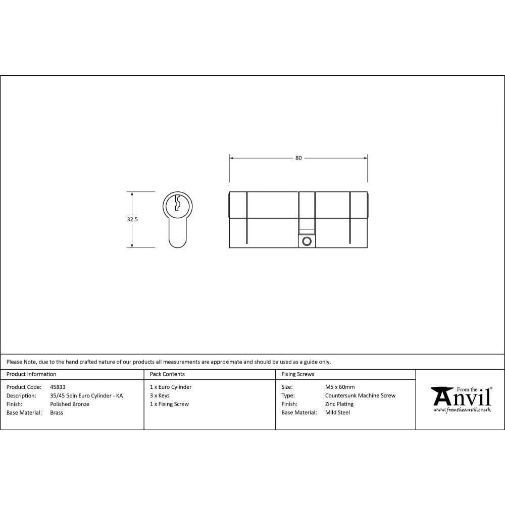 From The Anvil Locks & Latches Polished Bronze / Euro Double Cylinders / 35 x 45mm From The Anvil - Polished Bronze 35/45 5pin Euro Cylinder KA