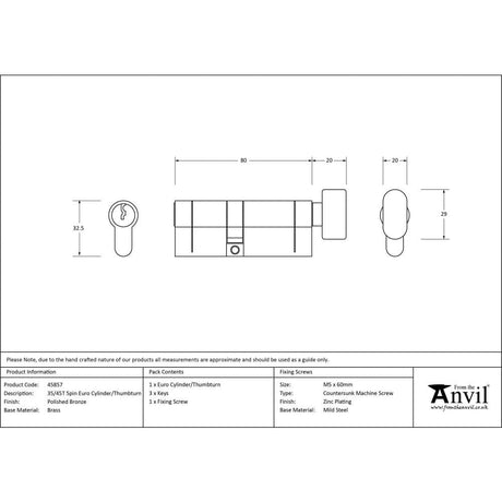 From The Anvil Locks & Latches Polished Bronze / Euro Cylinder & Turn / 35 x 45mm From The Anvil - Polished Bronze 35/45T 5pin Euro Cylinder/Thumbturn