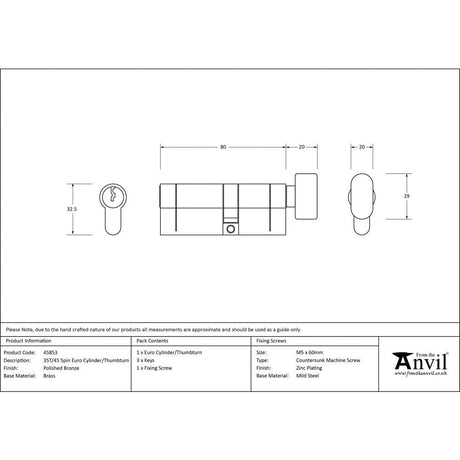 From The Anvil Locks & Latches Polished Bronze / Euro Cylinder & Turn / 35 x 45mm From The Anvil - Polished Bronze 35T/45 5pin Euro Cylinder/Thumbturn