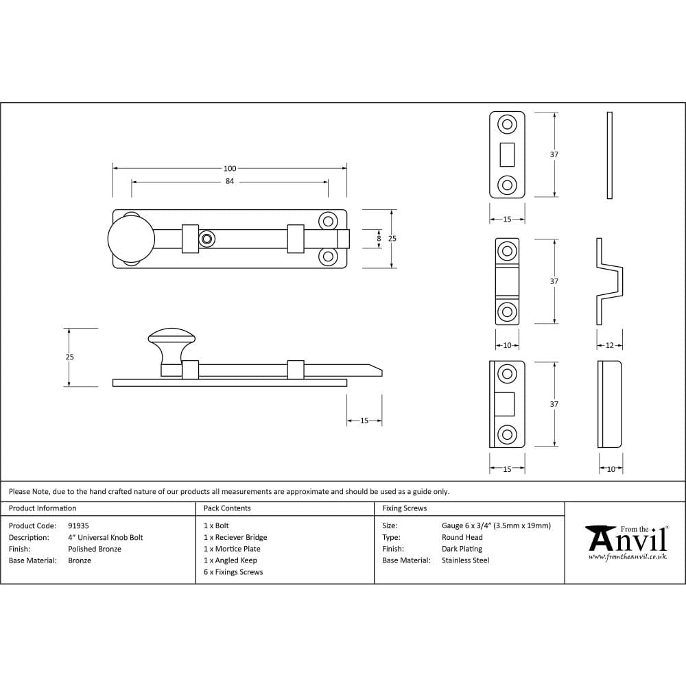 From The Anvil Accessories Polished Bronze / Straight Surface Bolts / 100mm / 4" From The Anvil - Polished Bronze 4" Universal Bolt