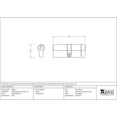 From The Anvil Locks & Latches Polished Bronze / Euro Double Cylinders / 40 x 40mm From The Anvil - Polished Bronze 40/40 5pin Euro Cylinder KA
