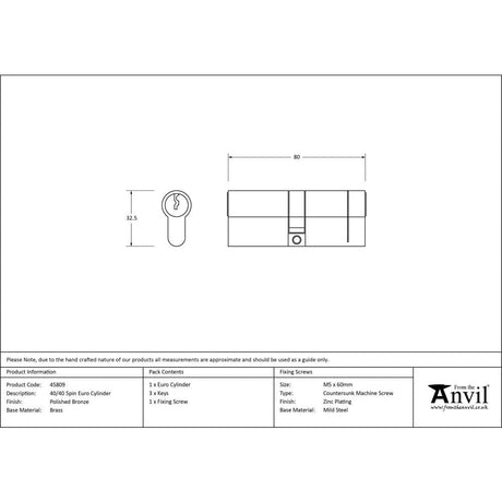 From The Anvil Locks & Latches Polished Bronze / Euro Double Cylinders / 40 x 40mm From The Anvil - Polished Bronze 40/40 5pin Euro Cylinder