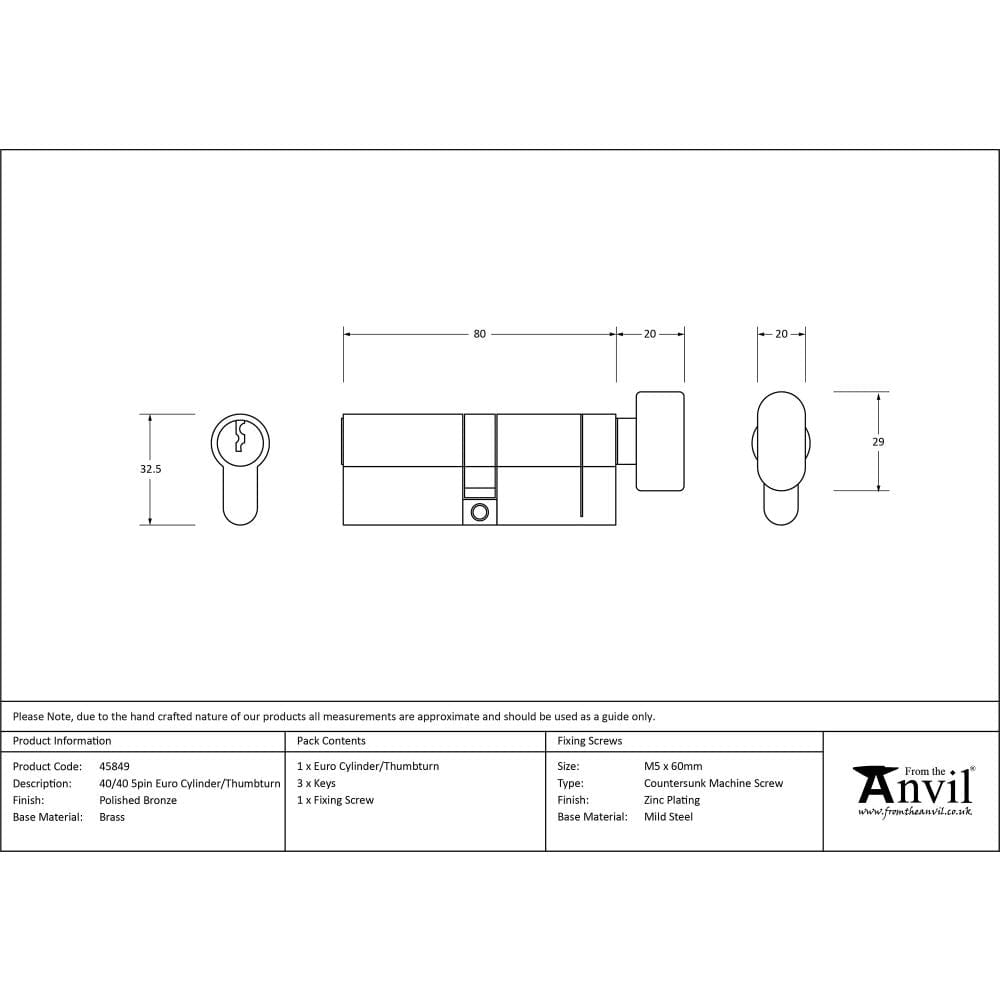 From The Anvil Locks & Latches Polished Bronze / Euro Cylinder & Turn / 40 x 40mm From The Anvil - Polished Bronze 40/40 5pin Euro Cylinder/Thumbturn