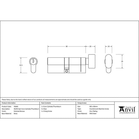 From The Anvil Locks & Latches Polished Bronze / Euro Cylinder & Turn / 40 x 40mm From The Anvil - Polished Bronze 40/40 5pin Euro Cylinder/Thumbturn