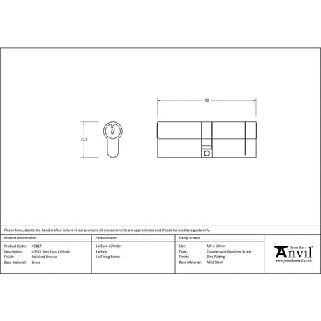 From The Anvil Locks & Latches Polished Bronze / Euro Double Cylinders / 45 x 45mm From The Anvil - Polished Bronze 45/45 5pin Euro Cylinder