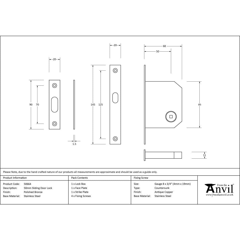 From The Anvil Locks & Latches Polished Bronze / Sliding Door Locks From The Anvil - Polished Bronze 50mm Sliding Door Lock