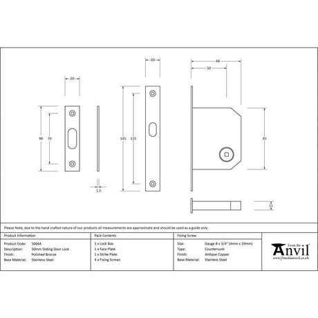 From The Anvil Locks & Latches Polished Bronze / Sliding Door Locks From The Anvil - Polished Bronze 50mm Sliding Door Lock