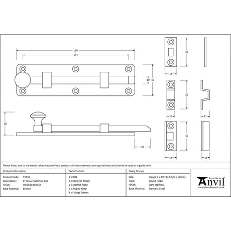 From The Anvil Accessories Polished Bronze / Straight Surface Bolts / 150mm / 6" From The Anvil - Polished Bronze 6" Universal Bolt
