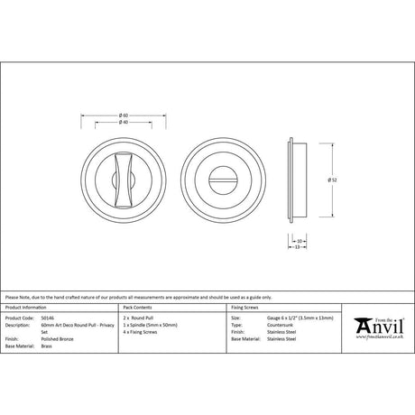 From The Anvil Door Furniture Polished Bronze / Round Flush Pull (Privacy) / Round From The Anvil - Polished Bronze 60mm Art Deco Round Pull - Privacy Set
