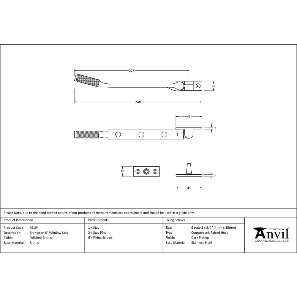 From The Anvil Window Furniture Polished Bronze / 8"/200mm From The Anvil - Polished Bronze 8" Brompton Stay