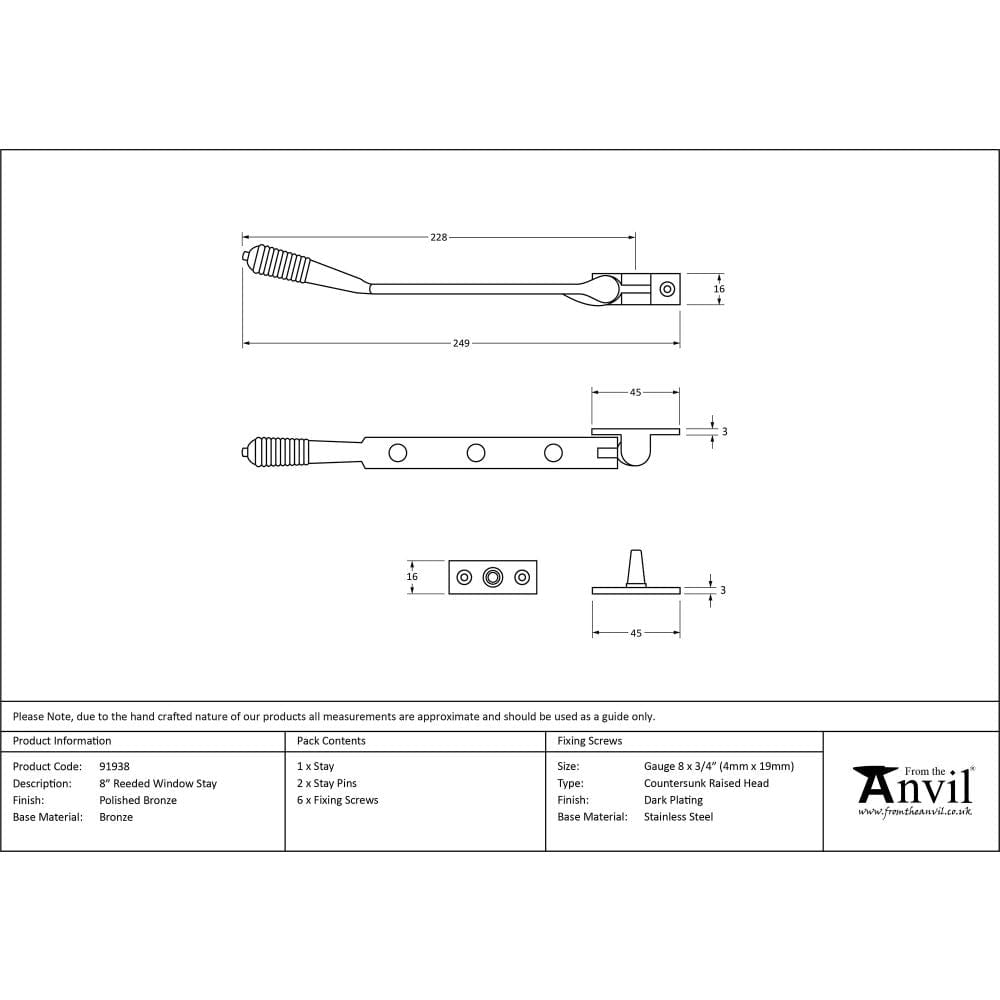 From The Anvil Window Furniture Polished Bronze / 8"/200mm From The Anvil - Polished Bronze 8" Reeded Stay