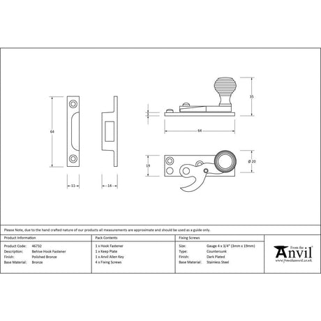 From The Anvil Window Furniture Polished Bronze / Sash Window Hook Fasteners / Yes From The Anvil - Polished Bronze Beehive Sash Hook Fastener