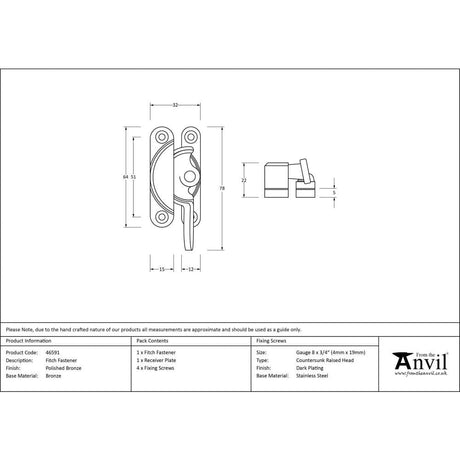 From The Anvil Window Furniture Polished Bronze / Sash Window Fitch Fasteners / Yes From The Anvil - Polished Bronze Fitch Fastener
