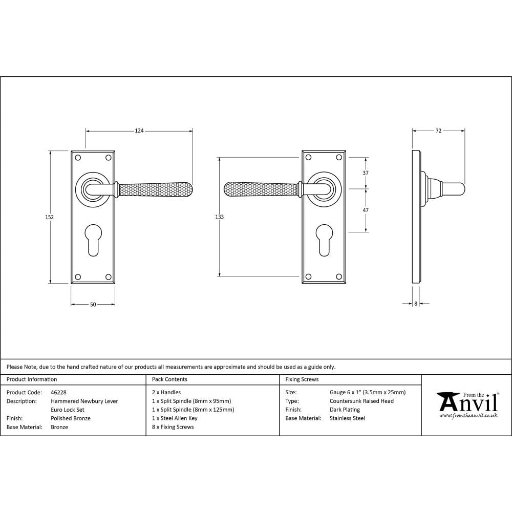 From The Anvil Door Furniture Polished Bronze / Euro Profile Lock Handles From The Anvil - Polished Bronze Hammered Newbury Lever Euro Lock Set
