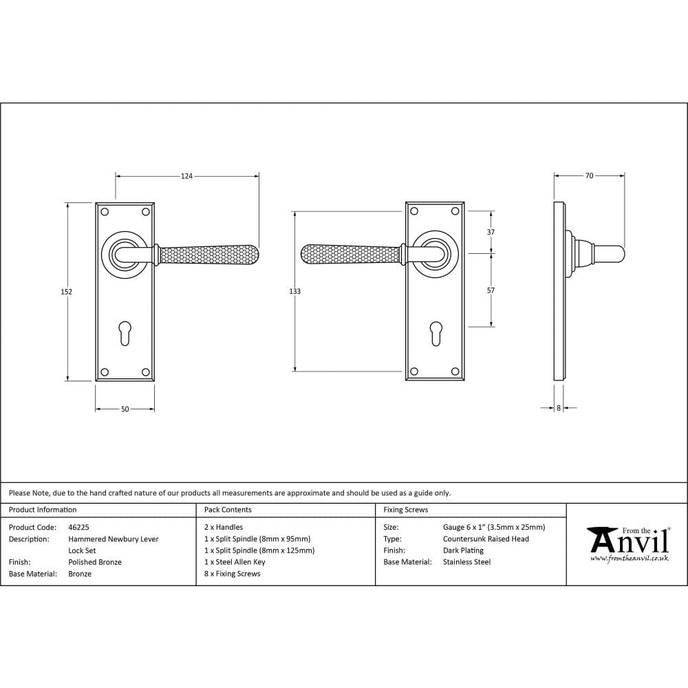 From The Anvil Door Furniture Polished Bronze / Std. Lock Handles From The Anvil - Polished Bronze Hammered Newbury Lever Lock Set
