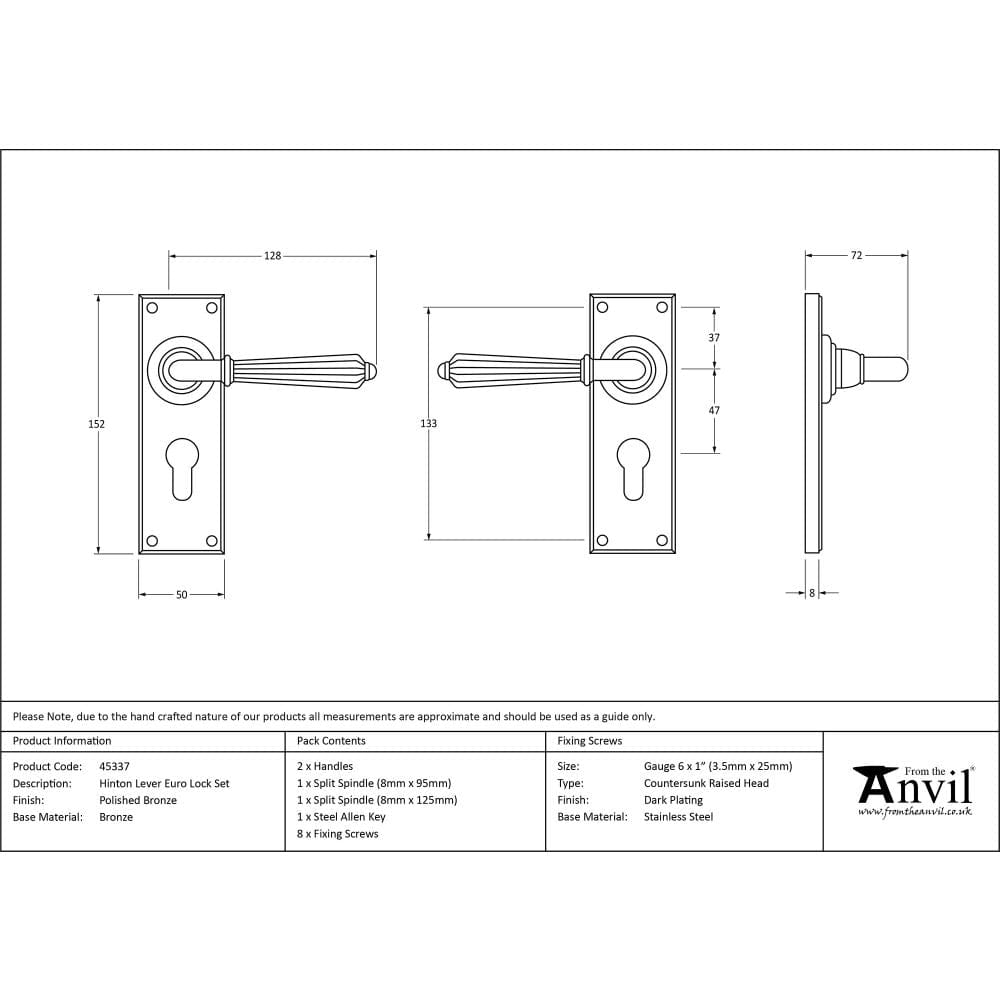 From The Anvil Door Furniture Polished Bronze / Euro Profile Lock Handles From The Anvil - Polished Bronze Hinton Lever Euro Lock Set