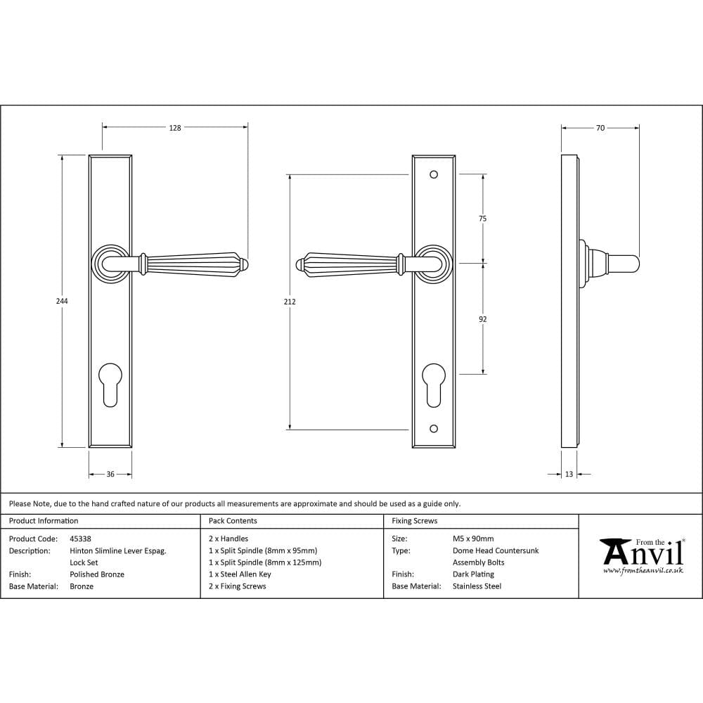 From The Anvil Door Furniture Polished Bronze / Multi Point Lock Set / 92mm c/c From The Anvil - Polished Bronze Hinton Slimline Lever Espag. Lock Set