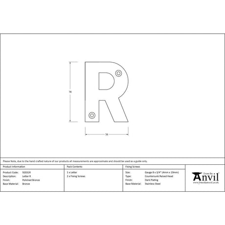 From The Anvil Door Furniture Polished Bronze / Letters / R From The Anvil - Polished Bronze Letter R
