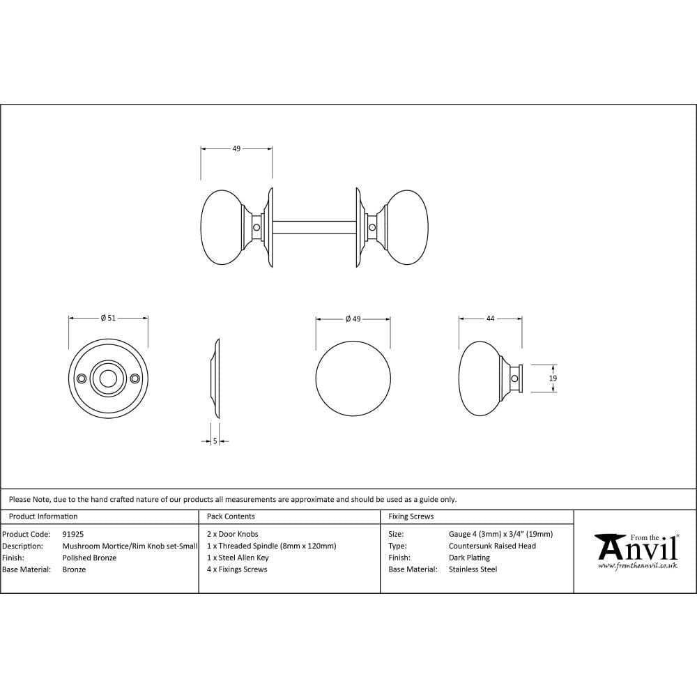 From The Anvil Door Furniture Polished Bronze / Mortice/Rim Knobs From The Anvil - Polished Bronze Mushroom Mortice/Rim Knob Set