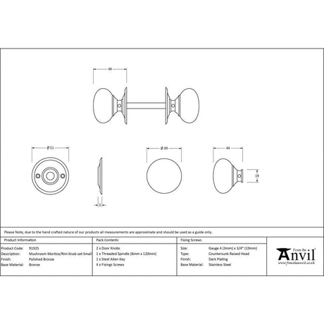 From The Anvil Door Furniture Polished Bronze / Mortice/Rim Knobs From The Anvil - Polished Bronze Mushroom Mortice/Rim Knob Set