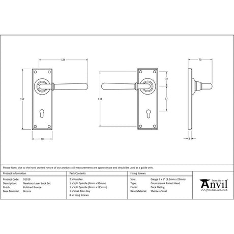 From The Anvil Door Furniture Polished Bronze / Std. Lock Handles From The Anvil - Polished Bronze Newbury Lever Lock Set
