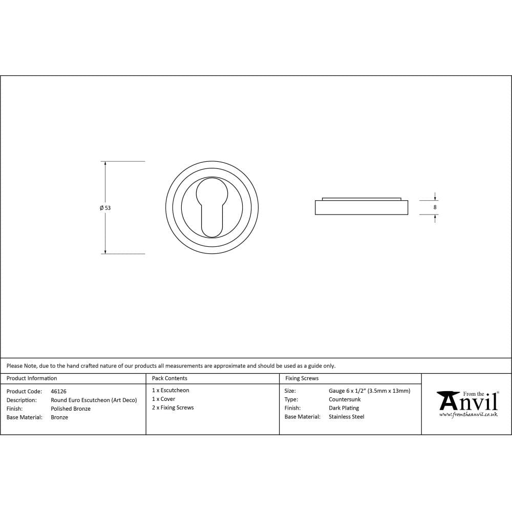 From The Anvil Door Furniture Polished Bronze / Euro Profile Escutcheons From The Anvil - Polished Bronze Round Euro Escutcheon (Art Deco)