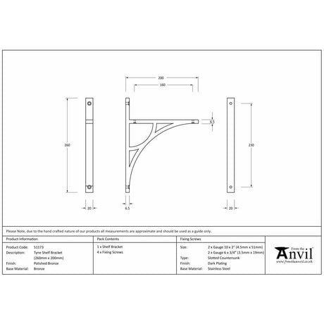 From The Anvil Accessories Polished Bronze / Shelf Brackets / 260 x 200mm From The Anvil - Polished Bronze Tyne Shelf Bracket (260mm x 200mm)